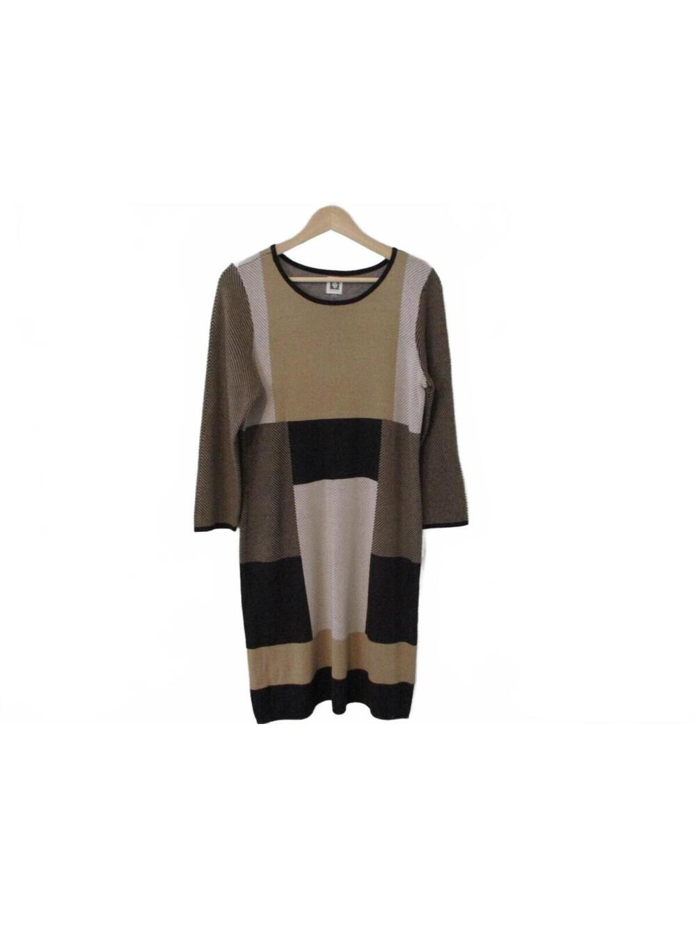 Anne Klein Neutral Colorblock Knit Dress Long Sleeve Beige Black Cream Small